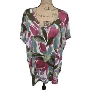 Tahari 100% Linen Floral Tropical Long Tee Shirt Plus‎ Size 2X New